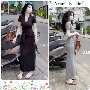 Đầm maxi đen ngắn tay cổ V đính cúc thắt đai eo chất thun co giãn phong cách Hàn Quốc HCOM27734