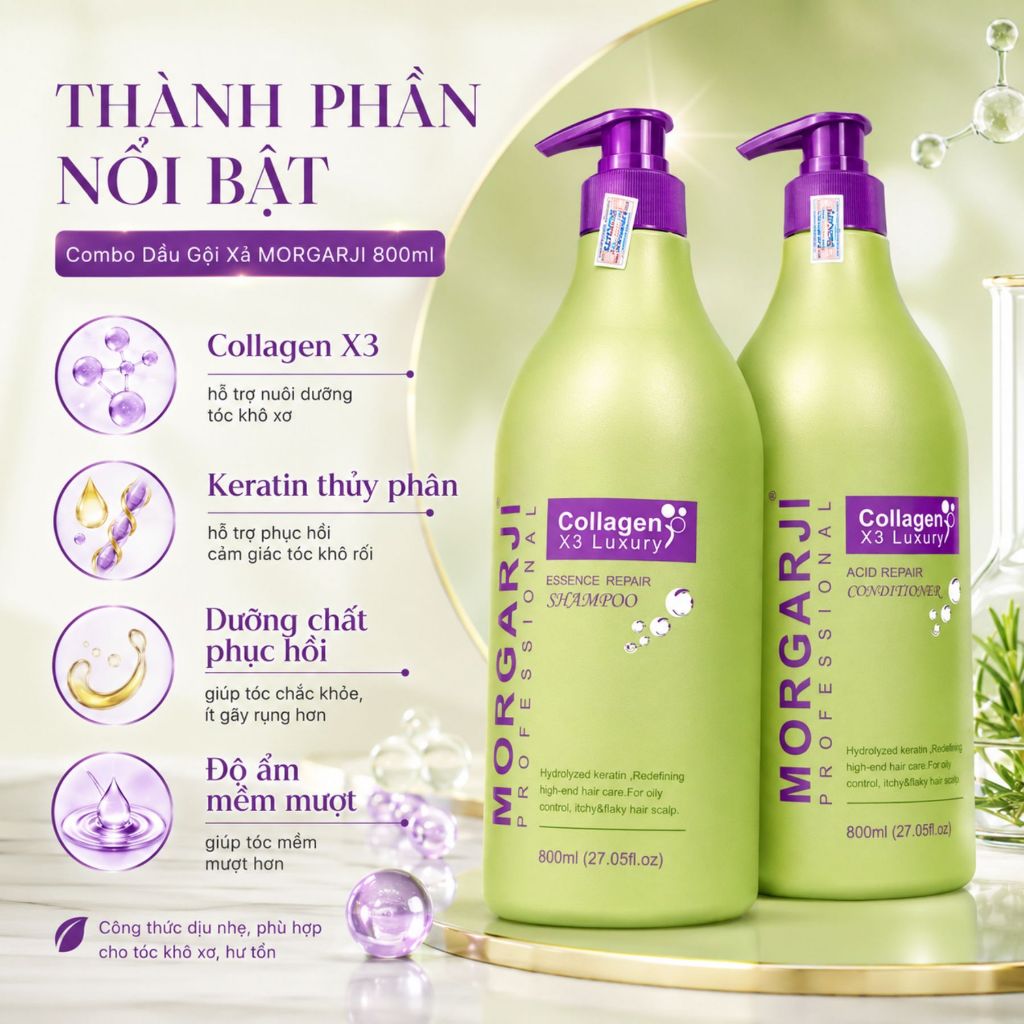 Combo Dầu Gội Xả MORGARJI 800ml | Chăm Sóc Tóc Khô Xơ, Mềm Mượt Chuẩn Salon