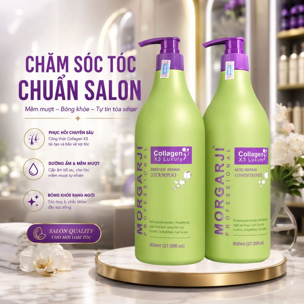 Combo Dầu Gội Xả MORGARJI 800ml | Chăm Sóc Tóc Khô Xơ, Mềm Mượt Chuẩn Salon