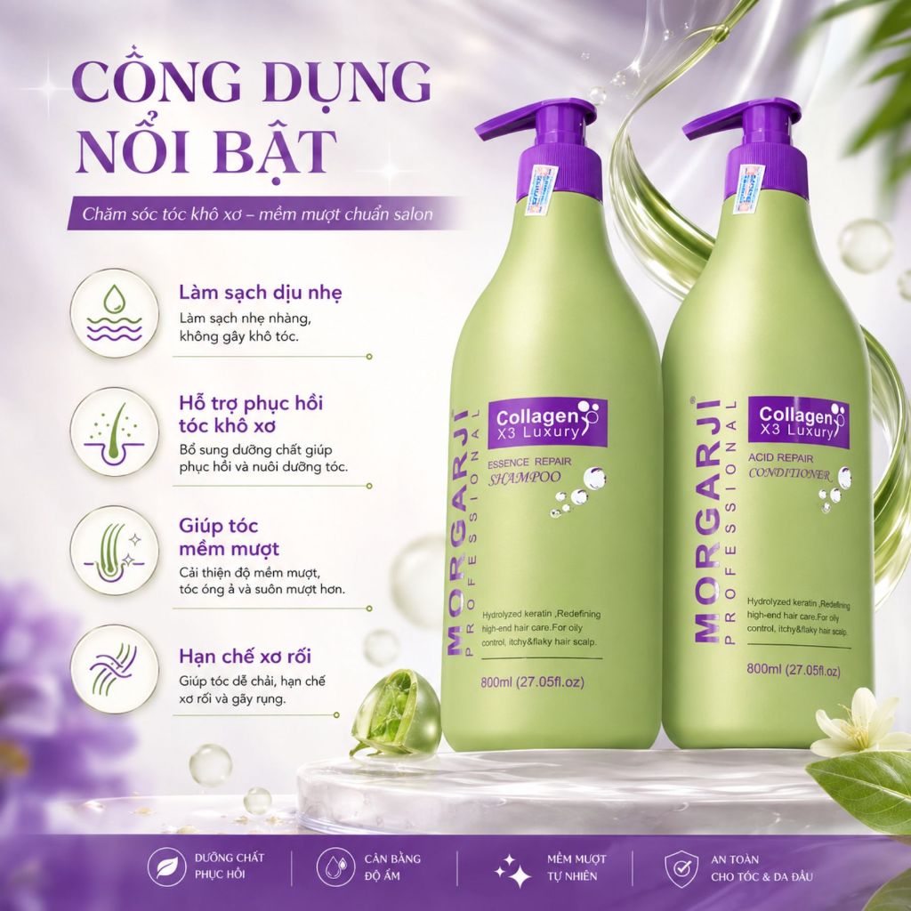 Combo Dầu Gội Xả MORGARJI 800ml | Chăm Sóc Tóc Khô Xơ, Mềm Mượt Chuẩn Salon