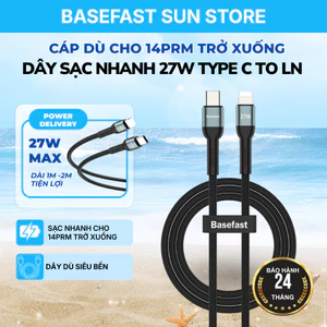 Cáp Sạc Nhanh 20W Basefast 1/2M Cho Xs/12/11/13/14 Pro Max, Type C to LN Bọc Dù Hỗ Trợ PD