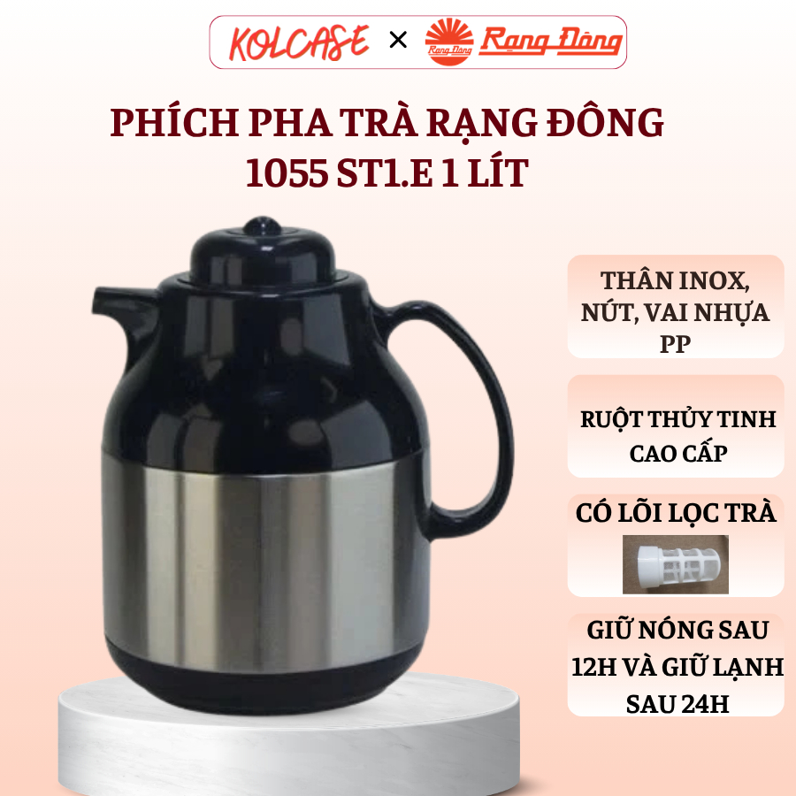 Phích Pha Trà Rạng Đông 1055 ST1.E 1L – Ruột Thủy Tinh Giữ Nhiệt Tốt, Có Nắp Bấm Chống Rò Rỉ - An Toàn, Tiện Lợi