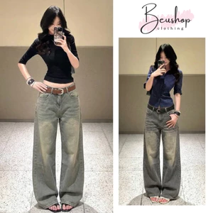 Quần Jean Xanh Xám Cạp Trễ Suông Ống Rộng 28CM Nữ Lưng Cao Quần Jean Nữ Denin Mềm Siêu Tôn Dáng