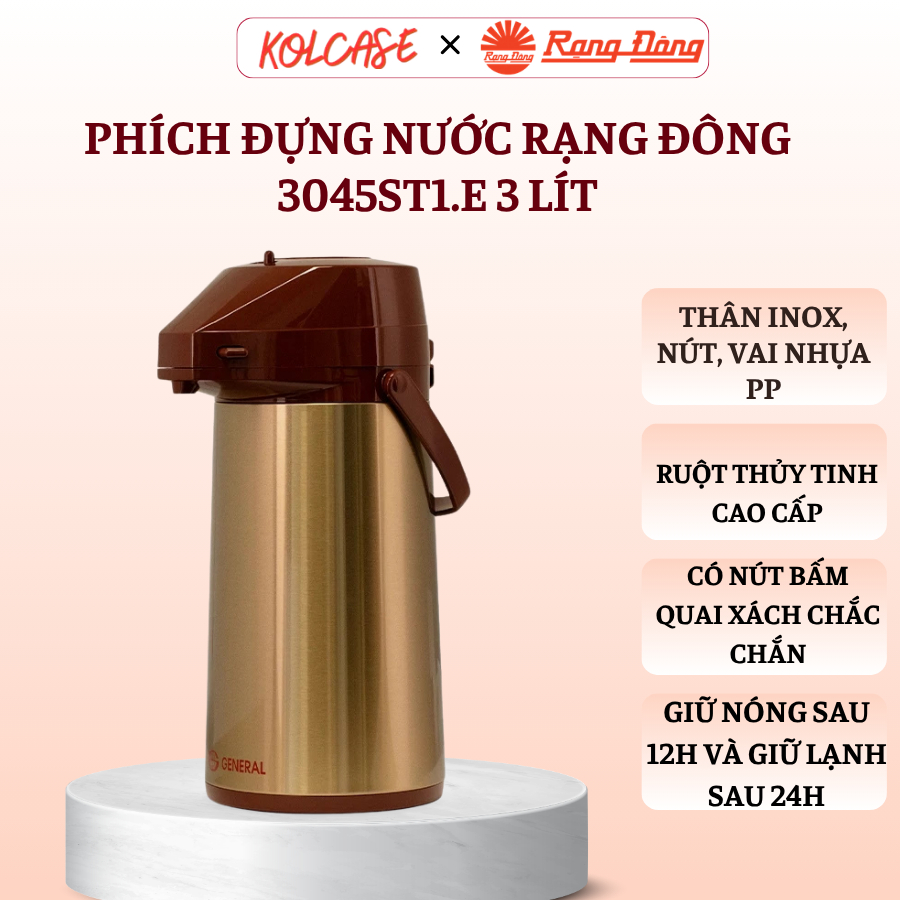 [Giảm 25k] Phích Đựng Nước Rạng Đông 3045ST1.E 3 Lít, Chất Liệu Inox Cao Cấp Có Nút Bấm Thuận Tiện Quai Xách Chắc Chắn
