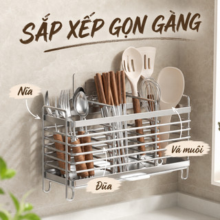 Kệ Đựng Đũa Muỗng Inox 304 Treo Tường Có Khay Thoát Nước, Giá Để Dao Kéo Nhà Bếp Chống Gỉ Cao Cấp