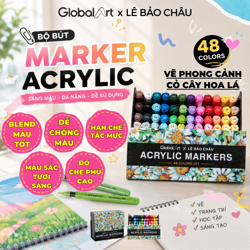 Bộ 48 Màu Acrylic Marker Global Art x Lê Bảo Châu Màu Tươi Sáng Vẽ Phong Cảnh Blend Màu Tốt Dễ Chồng Màu Hạn Chế Tắc Mực
