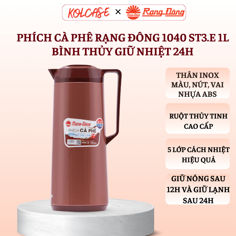 Phích Cà Phê Rạng Đông 1040 ST3.E 1L – Bình Thủy Giữ Nhiệt 24h, Phù Hợp Đựng Nước, Pha Trà, Cà Phê, Giữ Nhiệt Nóng Lạnh