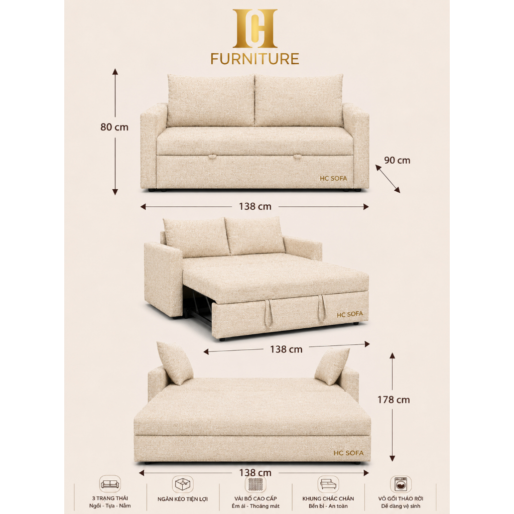 Sofa Giường Gấp Gọn Vải Bố Thương Hiệu HC Mã 03