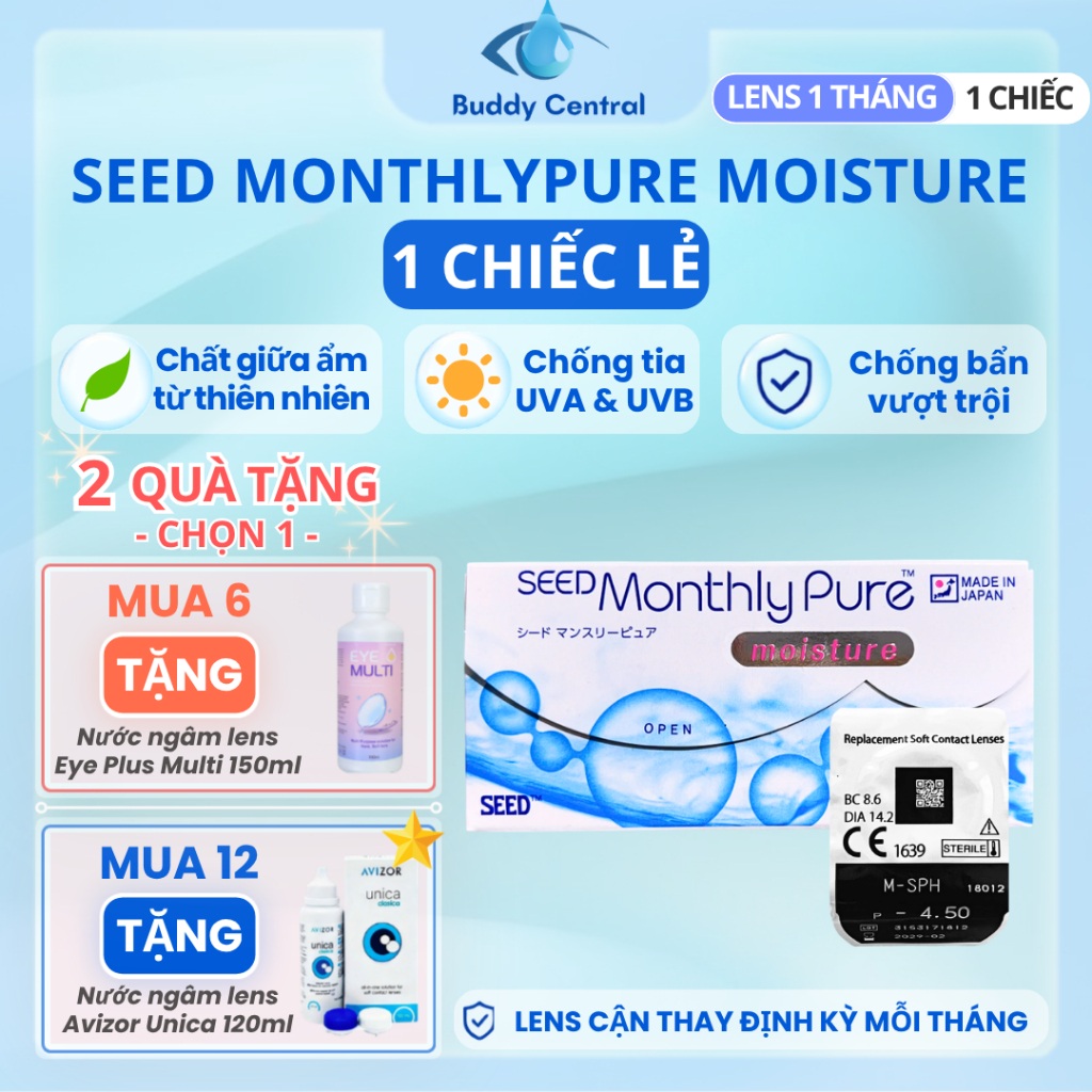 (1 chiếc lẻ) Lens Seed 1 tháng không màu Monthly Pure moisture có độ ...