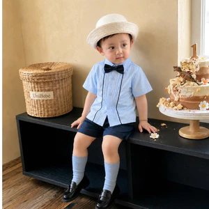 Set sơ mi công tử xếp ly 3 chi tiết Bernie: Áo sơ mi, Nơ, Quần short cho bé 9-21kg