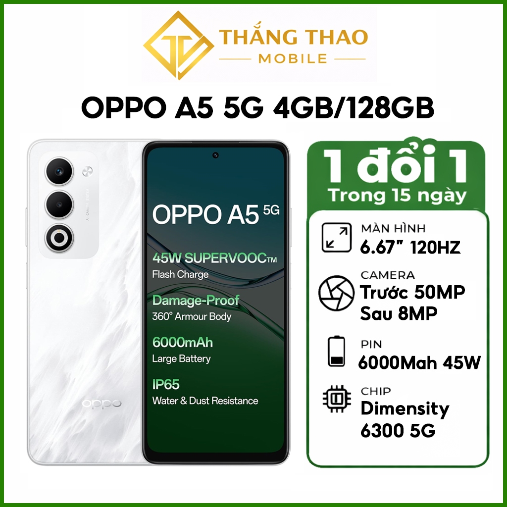Điện thoại Oppo A5 5G (4GB/128GB) Dimensity 6300 Pin 6000mAh,Sạc nhanh 45W - Mới nguyên seal - Hàng nhập khẩu Nhật | BigBuy360 - bigbuy360.vn