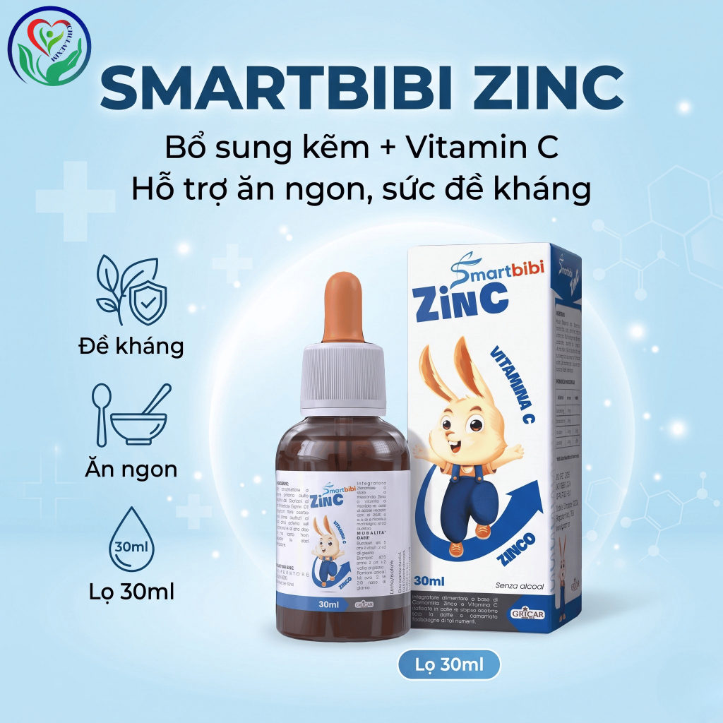 Smartbibi Zinc 30ml bổ sung kẽm và vitamin C cho bé, hỗ trợ ăn ngon, sức đề kháng