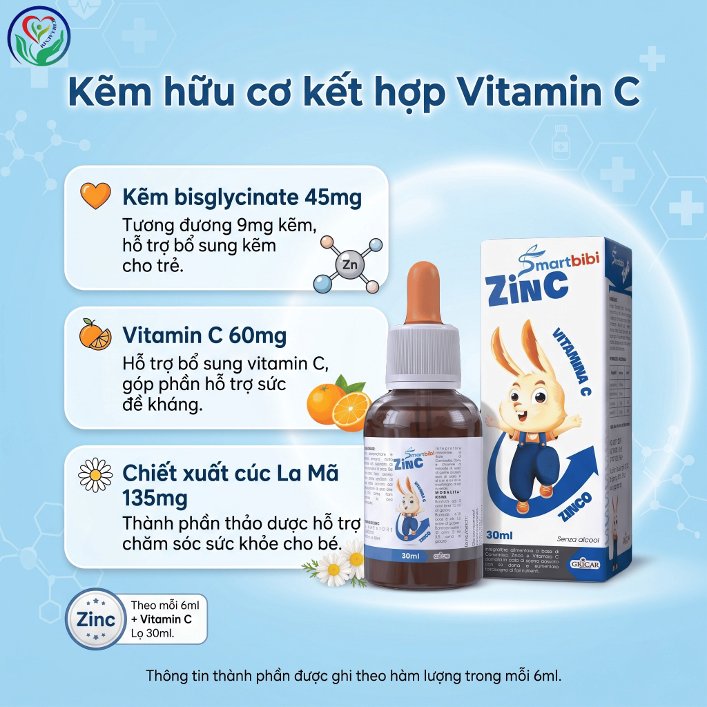 Smartbibi Zinc 30ml bổ sung kẽm và vitamin C cho bé, hỗ trợ ăn ngon, sức đề kháng