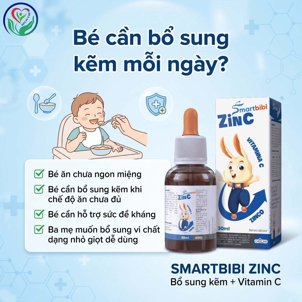 Smartbibi Zinc 30ml bổ sung kẽm và vitamin C cho bé, hỗ trợ ăn ngon, sức đề kháng