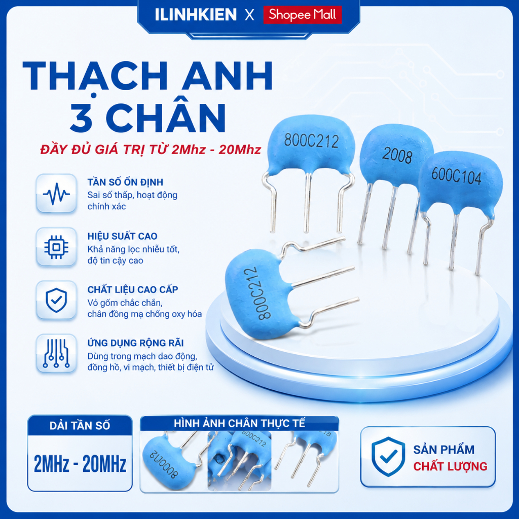 Thạch anh 4mhz 5mhz 6mhz 8mhz 10mhz 12mhz 16Mhz 20mhz 3 chân đảm bảo chất lượng ilinhkien.