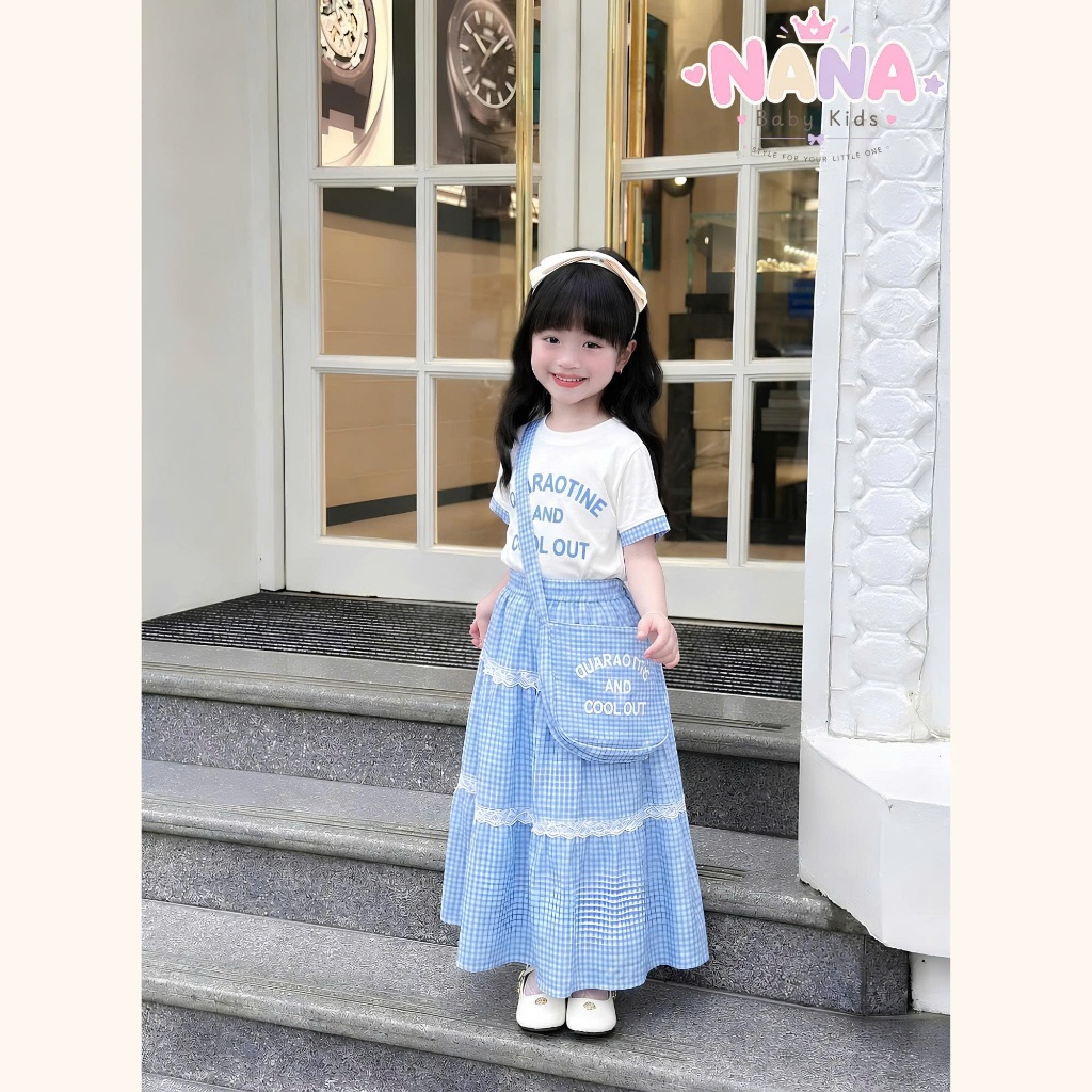 Set váy bé gái, bộ đầm maxi bé gái áo cotton kèm chân váy dài phối ren phong cách Tặng Kèm Túi Và Scrunchies