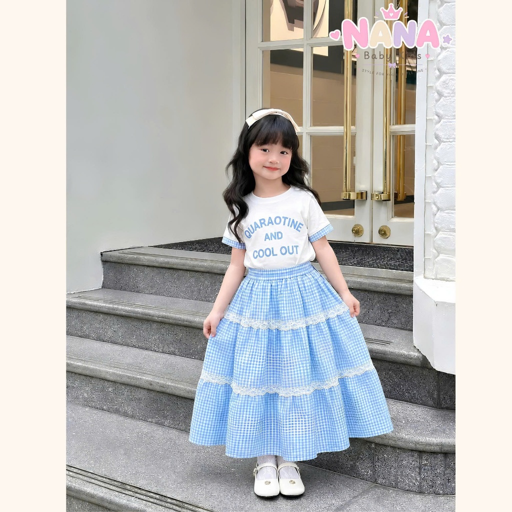 Set váy bé gái, bộ đầm maxi bé gái áo cotton kèm chân váy dài phối ren phong cách Tặng Kèm Túi Và Scrunchies