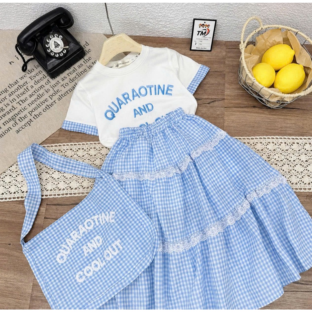 Set váy bé gái, bộ đầm maxi bé gái áo cotton kèm chân váy dài phối ren phong cách Tặng Kèm Túi Và Scrunchies