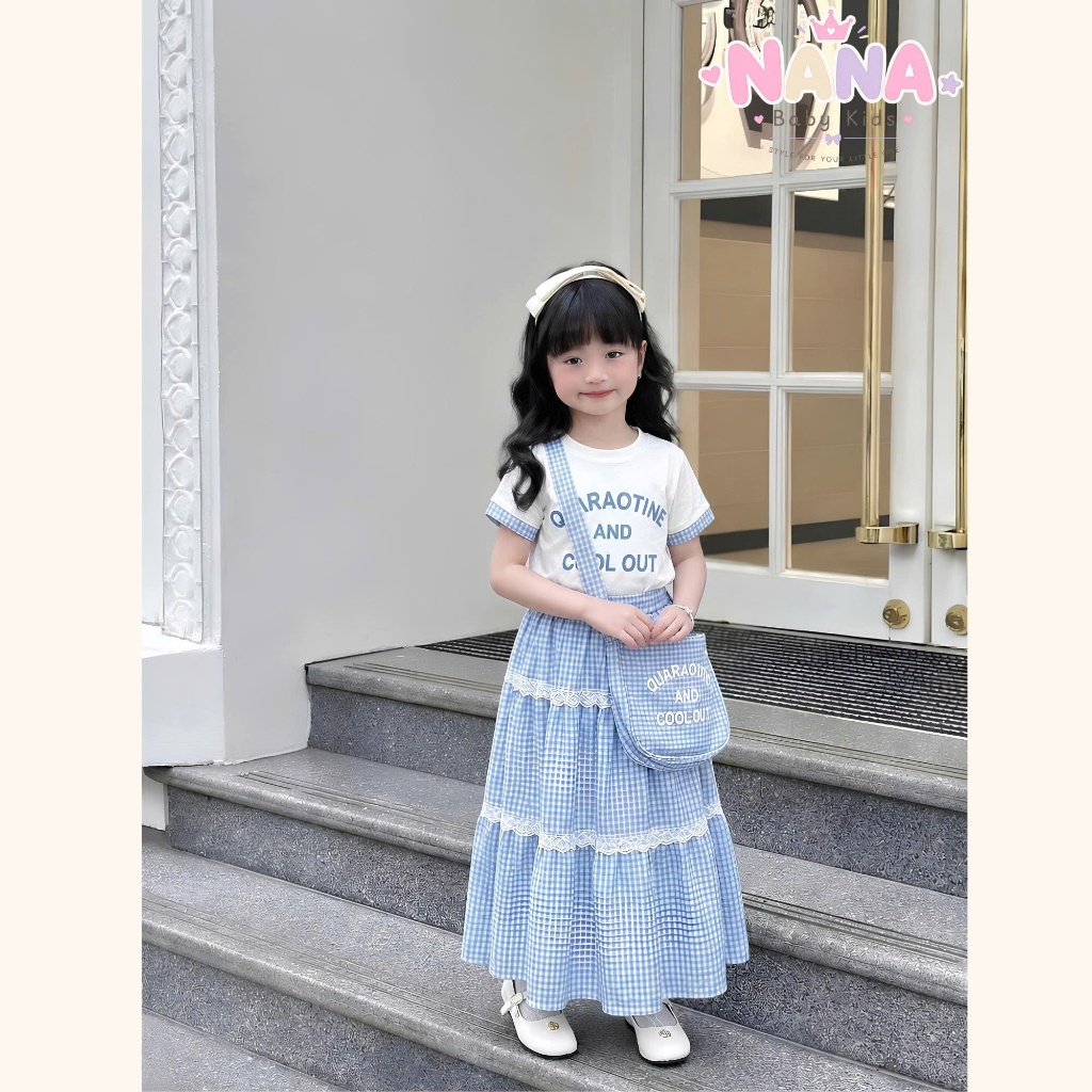 Set váy bé gái, bộ đầm maxi bé gái áo cotton kèm chân váy dài phối ren phong cách Tặng Kèm Túi Và Scrunchies