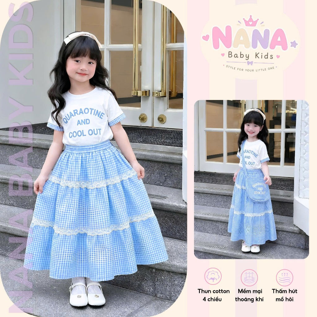 Set váy bé gái, bộ đầm maxi bé gái áo cotton kèm chân váy dài phối ren phong cách Tặng Kèm Túi Và Scrunchies