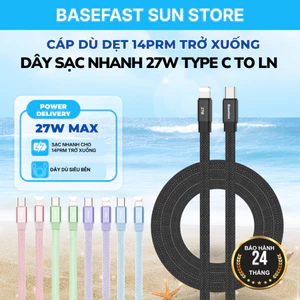 Cáp Sạc Nhanh 27W Basefast Dây Dù Dẹt Cho 8/X/11/12/13/14 Series Đầu Bọc Kim Loại siêu bền