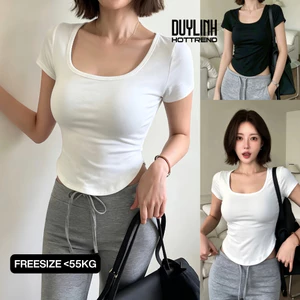 Áo thun nữ ngắn tay DUYLINH HOTTREND cổ tròn rộng vạt bầu vải borip co giãn ôm body tôn dáng