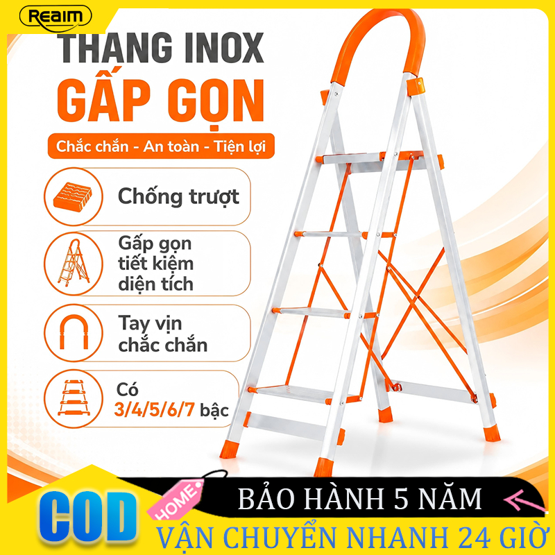 Thang inox chữ A gấp gọn chịu tải 500kg bậc thang to rộng chống trượt an toàn tiện lợi dùng cho gia đình và văn phòng