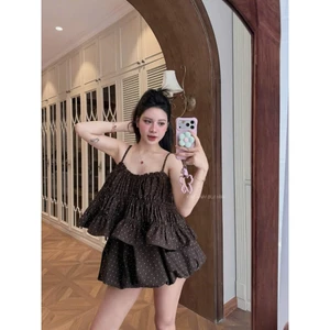 Set Bộ Áo 2 Dây Chấm Bi Phối Bèo Tầng Babydoll Kèm Quần Short Dáng Bí Xinh - CHAMIE STUDIO