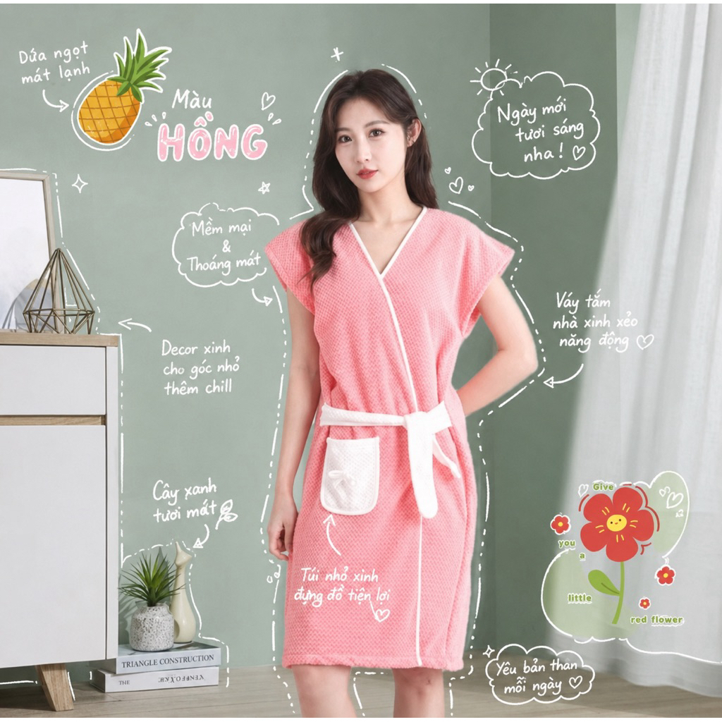 Váy Choàng Tắm Nữ Siêu Thấm Nước – Áo Choàng Tắm Tổ Ong Mềm Nhẹ, Khô Nhanh, Váy Tắm Spa Có Đai Buộc Tiện Lợi