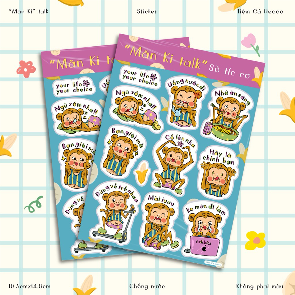 Set “Măn Ki talk” sticker chữa lành hài hước - Decal chống nước size A6
