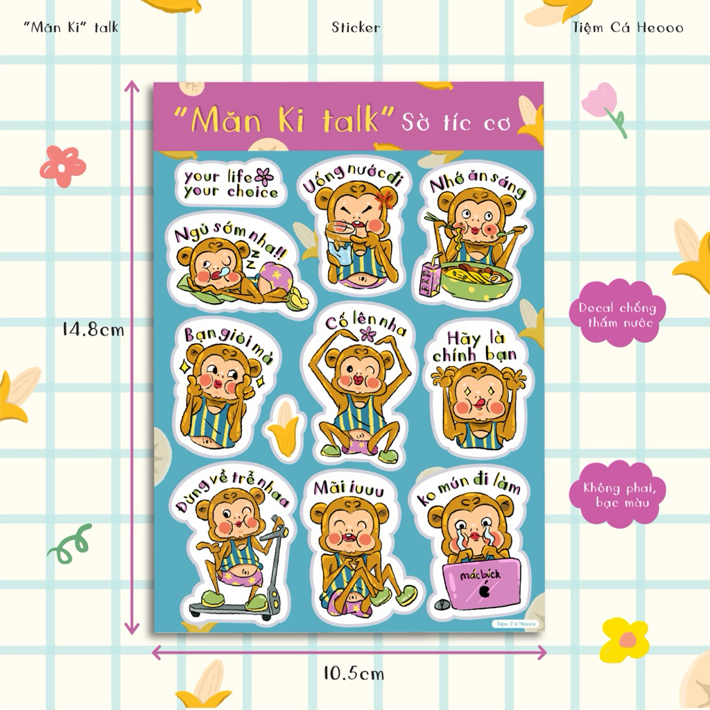 Set “Măn Ki talk” sticker chữa lành hài hước - Decal chống nước size A6