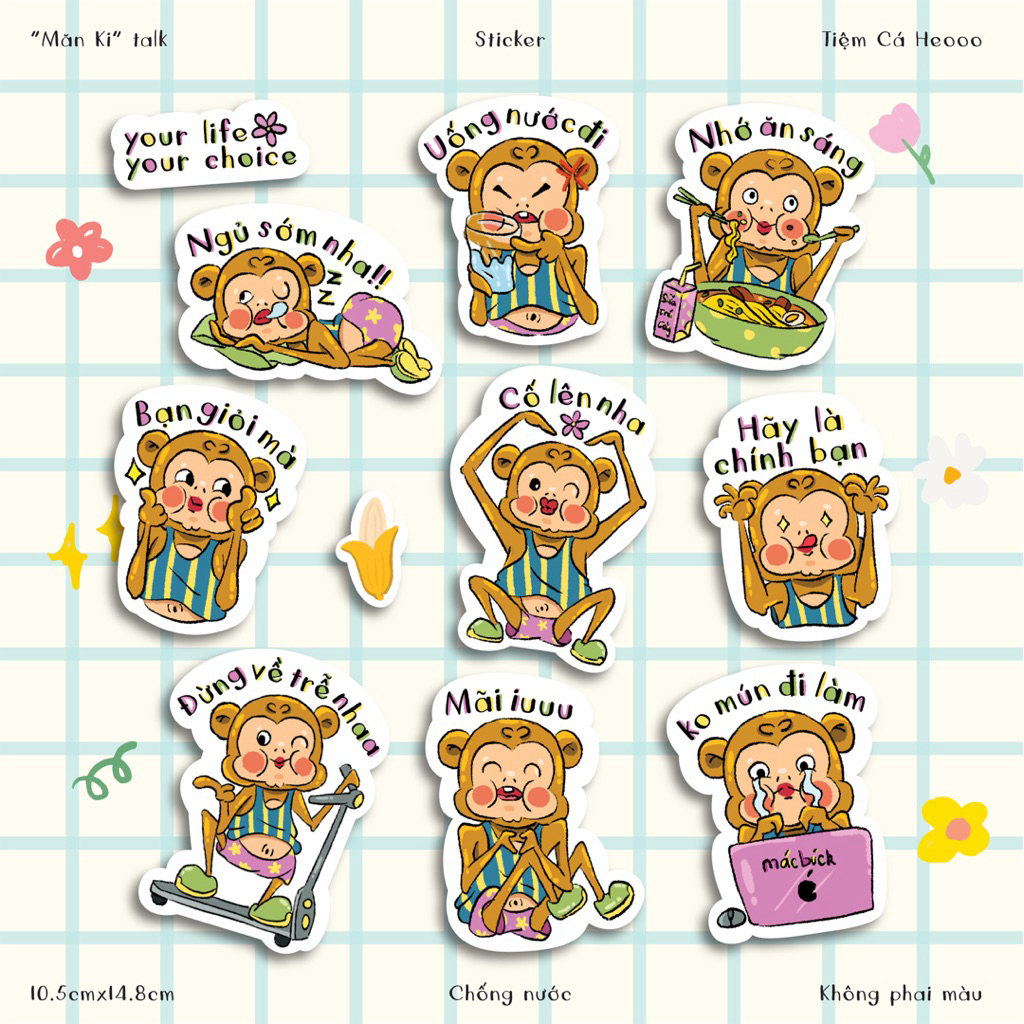 Set “Măn Ki talk” sticker chữa lành hài hước - Decal chống nước size A6