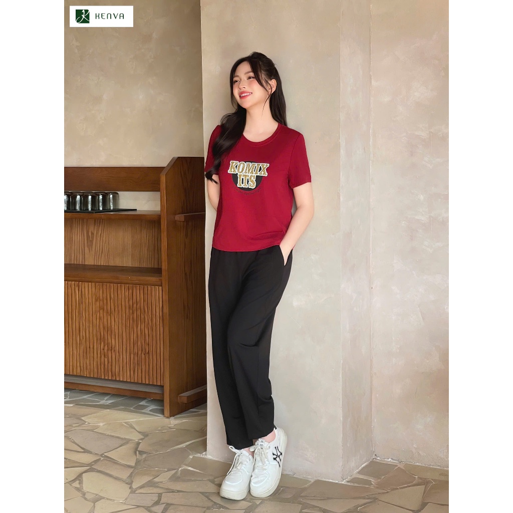 Bộ đồ nữ, bộ mặc nhà KENVA chất cotton quần dài áo cổ tròn phối tay in hình dễ thương