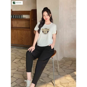 Bộ đồ nữ, bộ mặc nhà KENVA chất cotton quần dài áo cổ tròn phối tay in hình dễ thương