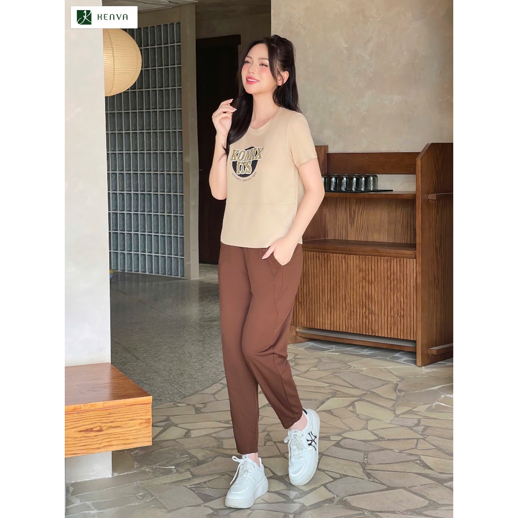 Bộ đồ nữ, bộ mặc nhà KENVA chất cotton quần dài áo cổ tròn phối tay in hình dễ thương