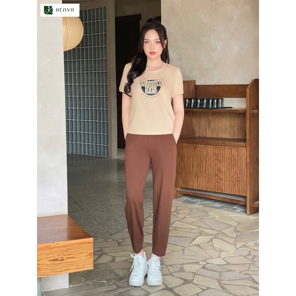 Bộ đồ nữ, bộ mặc nhà KENVA chất cotton quần dài áo cổ tròn phối tay in hình dễ thương