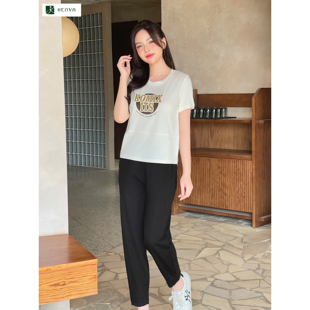 Bộ đồ nữ, bộ mặc nhà KENVA chất cotton quần dài áo cổ tròn phối tay in hình dễ thương