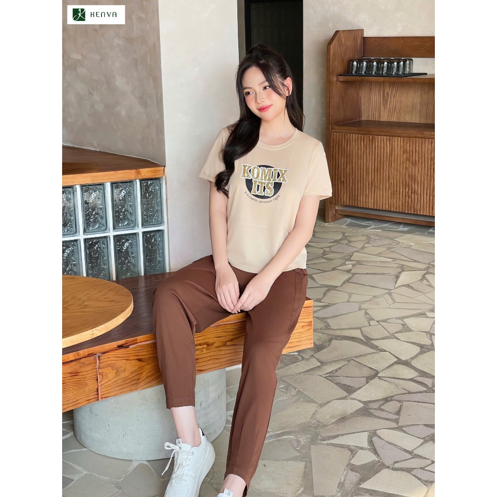 Bộ đồ nữ, bộ mặc nhà KENVA chất cotton quần dài áo cổ tròn phối tay in hình dễ thương