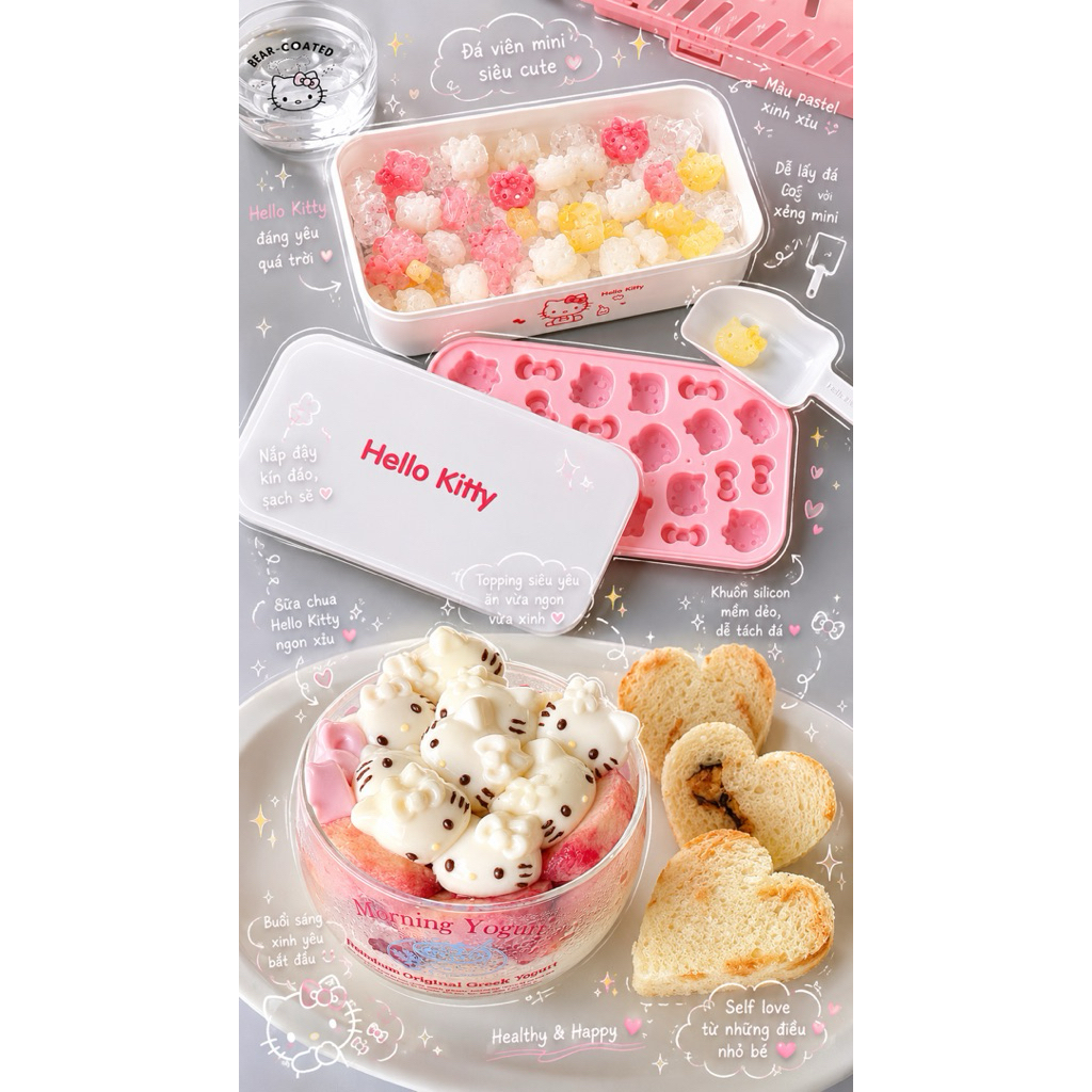 Khay Làm Đá Hello Kitty 24 Ô Có Hộp Đựng Nắp Đậy – Khuôn Silicone An Toàn Làm Đá Viên, Thạch Pudding, Kẹo Dẻo