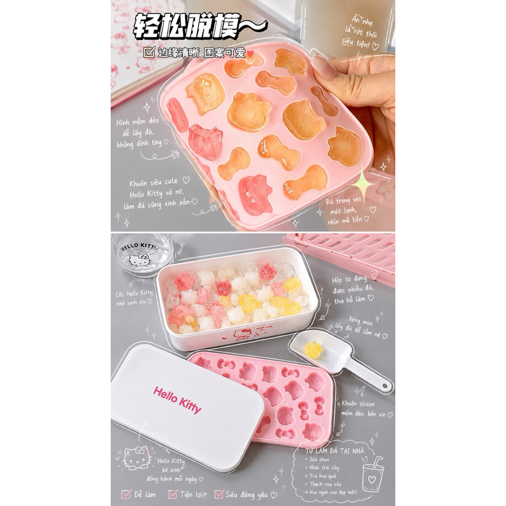 Khay Làm Đá Hello Kitty 24 Ô Có Hộp Đựng Nắp Đậy – Khuôn Silicone An Toàn Làm Đá Viên, Thạch Pudding, Kẹo Dẻo