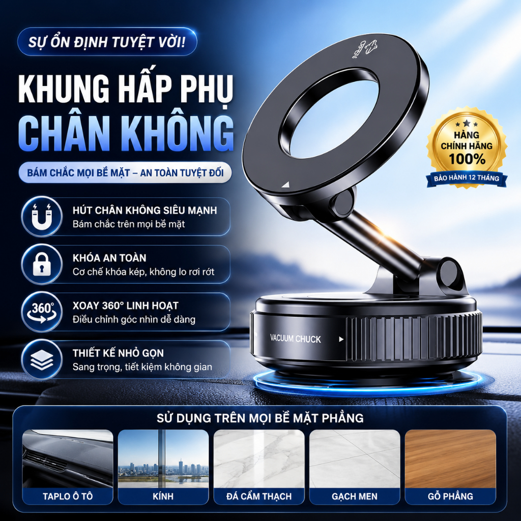 Giá đỡ điện thoại ô tô hút chân không từ tính xoay 360 ° [ HÀNG CAO CẤP ]