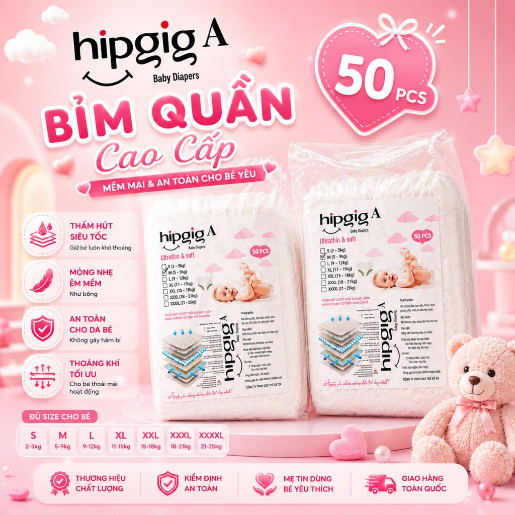 [Combo 100 Miếng] Bỉm Quần Hipbaby Care Siêu Thấm Hút, Mỏng Nhẹ, Thoáng Khí, Đủ Size M–4XL