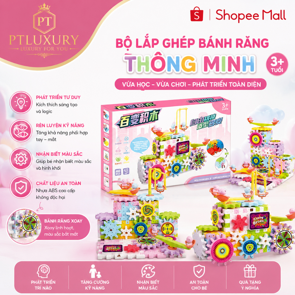 Đồ chơi lắp ráp PTLUXURY động cơ bánh răng có thể chuyển động cho bé tùy ý sáng tạo theo ý thích