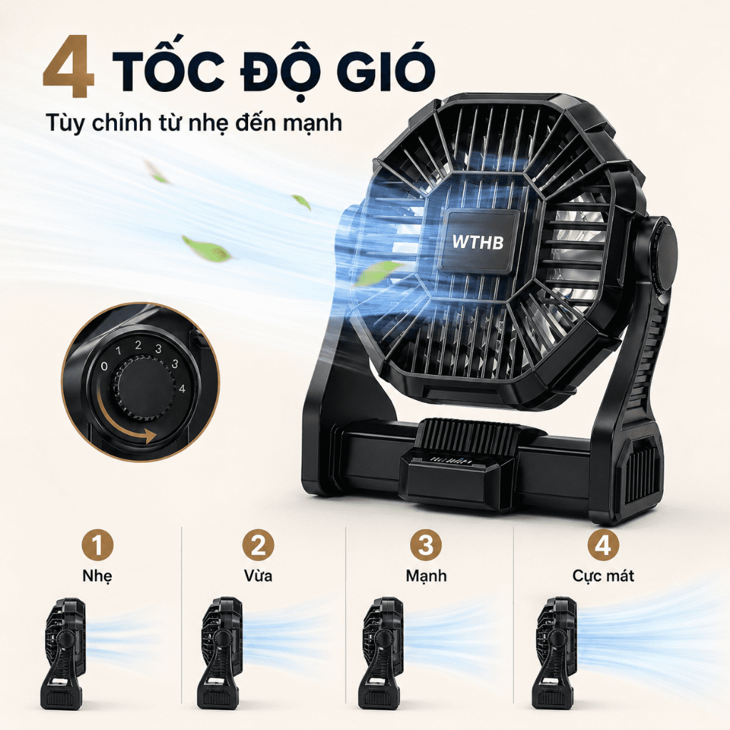 Quạt tích điện cắm trại A21 năng lượng mặt trời 5200mAh, kèm tấm pin, đèn LED 3 mức, 4 tốc độ, sạc điện thoại khẩn cấp