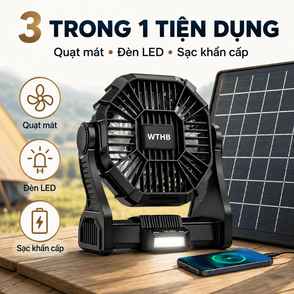 Quạt tích điện cắm trại A21 năng lượng mặt trời 5200mAh, kèm tấm pin, đèn LED 3 mức, 4 tốc độ, sạc điện thoại khẩn cấp