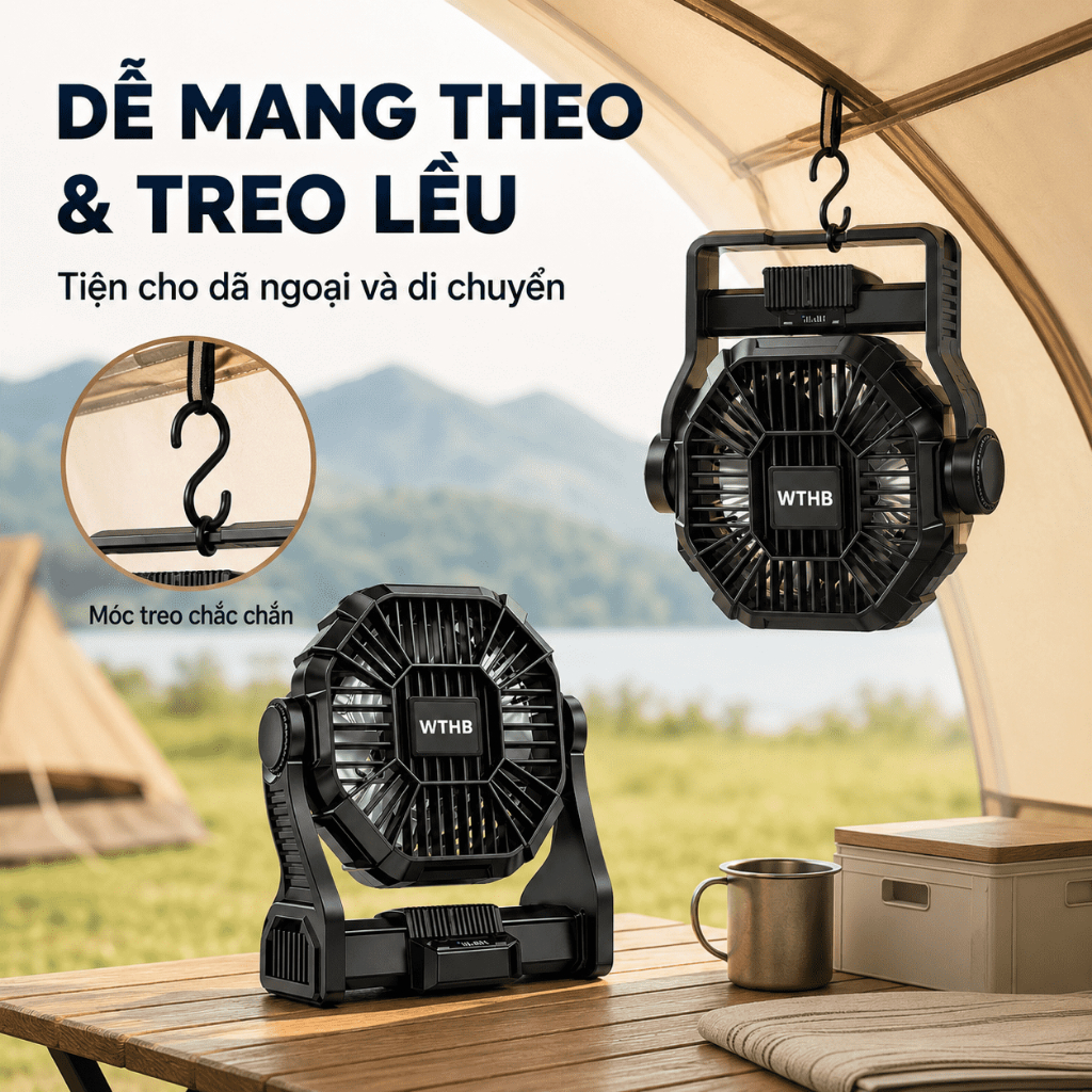 Quạt tích điện cắm trại A21 năng lượng mặt trời 5200mAh, kèm tấm pin, đèn LED 3 mức, 4 tốc độ, sạc điện thoại khẩn cấp