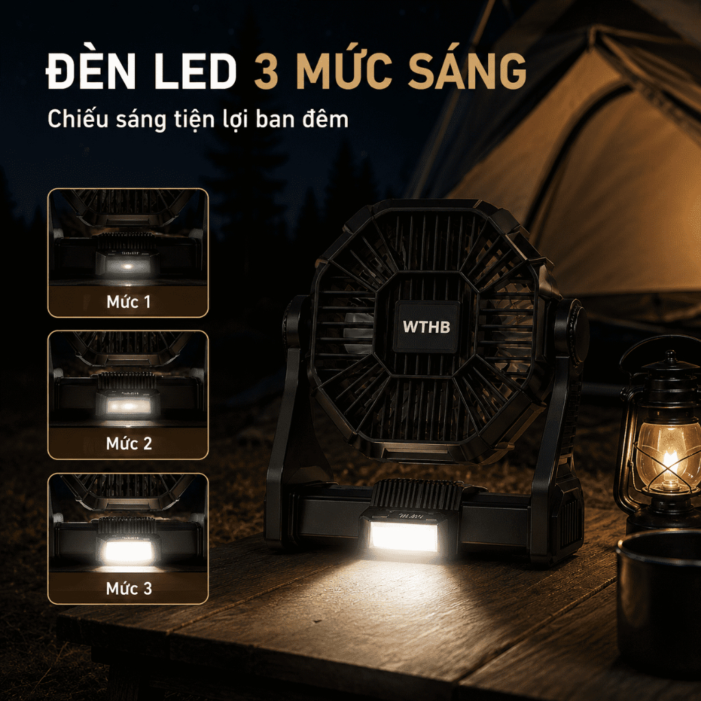 Quạt tích điện cắm trại A21 năng lượng mặt trời 5200mAh, kèm tấm pin, đèn LED 3 mức, 4 tốc độ, sạc điện thoại khẩn cấp