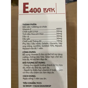 Vitamin E400 bak (tinh dầu hoa anh thảo, tinh dầu thông đỏ, vitamin e - tăng cường chống oxy hoá...e 400, e đỏ, đẹp da