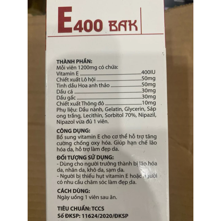 Vitamin E400 bak (tinh dầu hoa anh thảo, tinh dầu thông đỏ, vitamin e - tăng cường chống oxy hoá...e 400, e đỏ, đẹp da