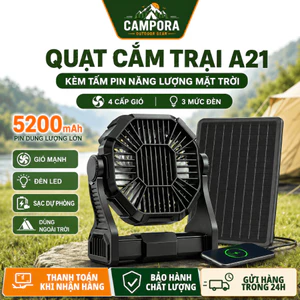 Quạt tích điện cắm trại A21 năng lượng mặt trời 5200mAh, kèm tấm pin, đèn LED 3 mức, 4 tốc độ, sạc điện thoại khẩn cấp